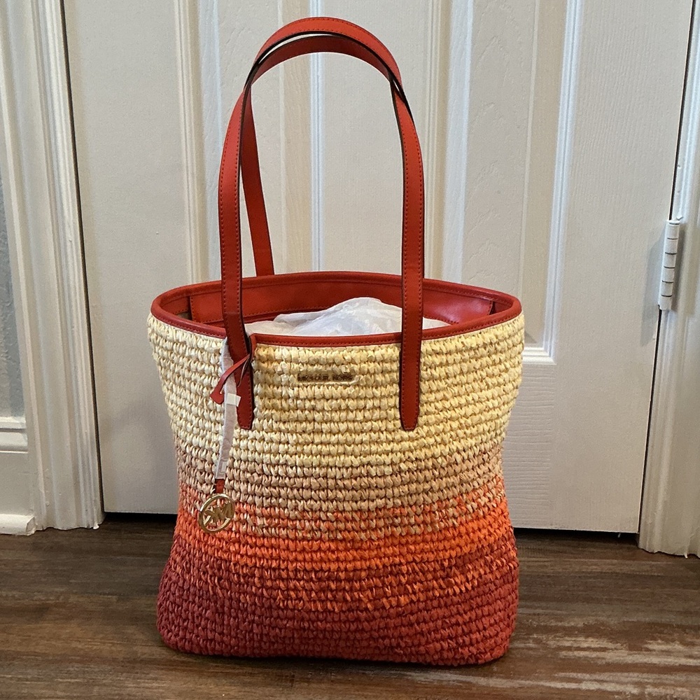 Michael Kors Red and Tan Straw Ombre Tote